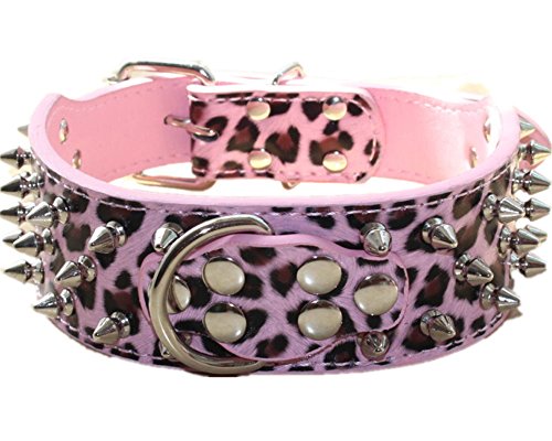 haoyueer Collar de perro de cuero con púas remaches tachonados de 2 pulgadas de ancho elegantes collares de perro de cuero para perros medianos y grandes Pitbull … (L, leopardo rosado)