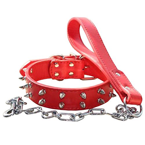 haoyueer Collar de piel con tachuelas para perro con cadena de cadena para Pitbull, tamaño mediano, grande, caña de Corso. Rottweiler. Bully. Amstaff (M, rojo)