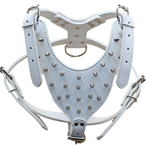 haoyueer Collares de perro medianos y grandes, arneses y correas de cadena, juego de 3 piezas a juego para Pit Bull, Mastín, Boxer, Bull Terrier (XL, Blanco)