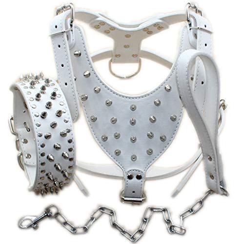 haoyueer Collares de perro medianos y grandes, arneses y correas de cadena, juego de 3 piezas a juego para Pit Bull, Mastín, Boxer, Bull Terrier (XL, Blanco)