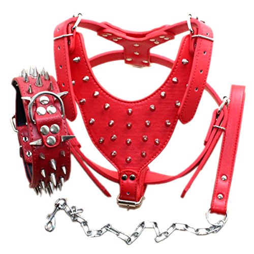 haoyueer Collares de piel afilados, con tachuelas y correas de cadena, juego de 3 piezas a juego para perros medianos y grandes Pit Bull Mastín, boxeador, Bull Terrier (XL, rojo)