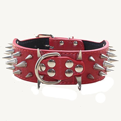 haoyueer Collares de piel afilados, con tachuelas y correas de cadena, juego de 3 piezas a juego para perros medianos y grandes Pit Bull Mastín, boxeador, Bull Terrier (XL, rojo)