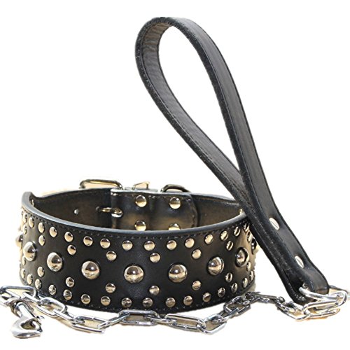 haoyueer Juego de collar de cadena de cuero con tachuelas de 5 cm de ancho para mascotas para Pitbull Husky Mastín Terrier (L, negro)