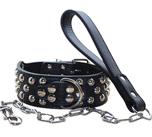 haoyueer Juego de collar de perro con tachuelas de cuero de 5 cm de ancho + correa de cadena para perro, resistente ajuste de raza grande, Pit Bull Husky Mastín Terrier (S, negro)