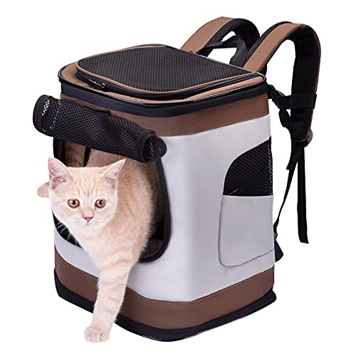 HAPPY HACHI Mochila Plegable para Perros Gatos Pequeño Mediano Transportín Porta Cachorros Viaje Pasear Moto Bici con Ventanas Transpirable Marrón