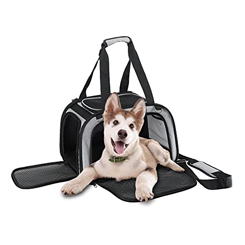 HAPPY HACHI Transportin Perro Pequeño Ligero Cómodo Bolsa Gato para Transporte Gran Espacio con Ventana Malla(43x28x28 cm, Gris)