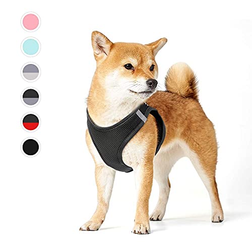 HEELE Arnes Perro Pequeño con Lineas Reflecantes Arnés Perro Antitirones Ajustable Suave Acolchado Cómodo para Viajar Pasear con Mascota, Negro, L