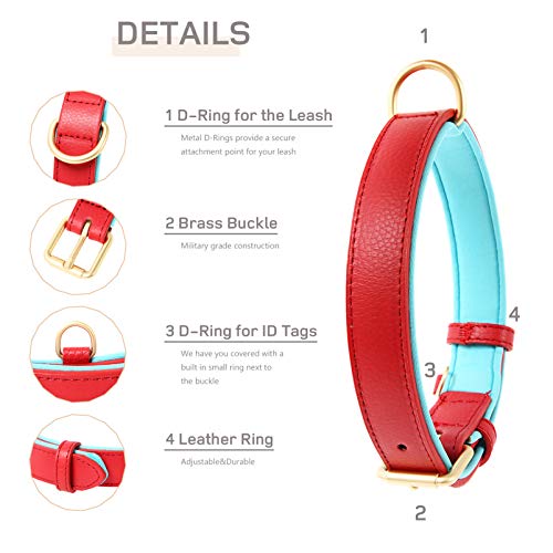 HEELE Collar Perro, Collar de Perro de Cuero Duradero Acolchado Suave, Collar de Cuero Carrier para Perro, Perros Medianos y Grandes, Rojo, L