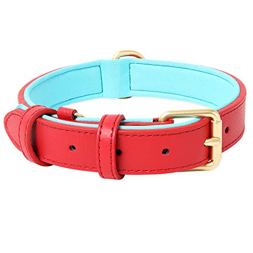 HEELE Collar Perro, Collar de Perro de Cuero Duradero Acolchado Suave, Collar de Cuero Carrier para Perro, Perros Medianos y Grandes, Rojo, L