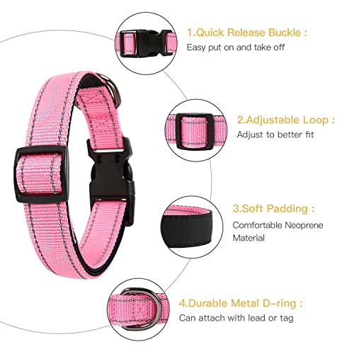 HEELE Collar Perro, Collar Nylon Reflectante Neopreno Forrado Ajustable para Perro Mediano, Rosa, M