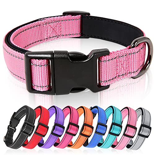 HEELE Collar Perro, Collar Nylon Reflectante Neopreno Forrado Ajustable para Perro Mediano, Rosa, M