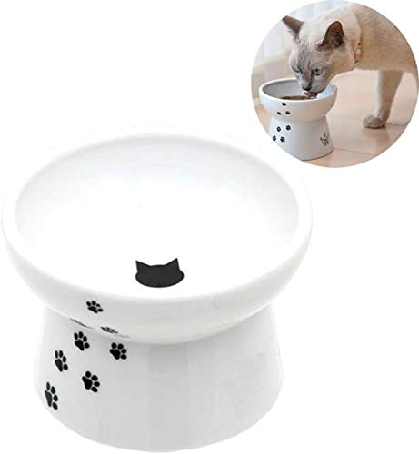 HELEN CURTAIN Criado Cerámica Cat Food Bowl, Gato Elevada Cuencos para Su Comida, La Columna Vertebral del Gato Protect, Elevada Cuenco para Gatos Y Perros Pequeños,Blanco