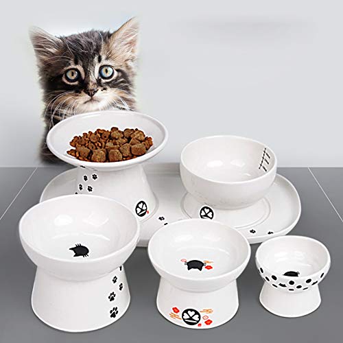 HELEN CURTAIN Criado Cerámica Cat Food Bowl, Gato Elevada Cuencos para Su Comida, La Columna Vertebral del Gato Protect, Elevada Cuenco para Gatos Y Perros Pequeños,Blanco