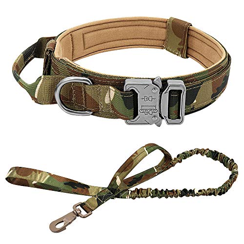 HFDDF Collar De Perro, Perro Fuerte Cuello Táctico Militar Mascota Bungee Leash Durable Nylon Pet Collars Collars con Mango Big Dogs French Bulldog,Black Set,36~48CM