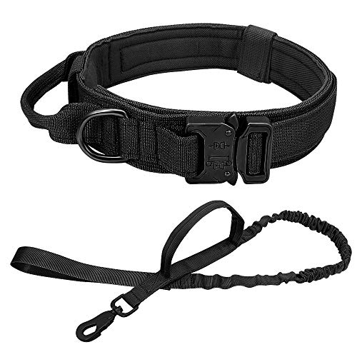 HFDDF Collar De Perro, Perro Fuerte Cuello Táctico Militar Mascota Bungee Leash Durable Nylon Pet Collars Collars con Mango Big Dogs French Bulldog,Black Set,36~48CM