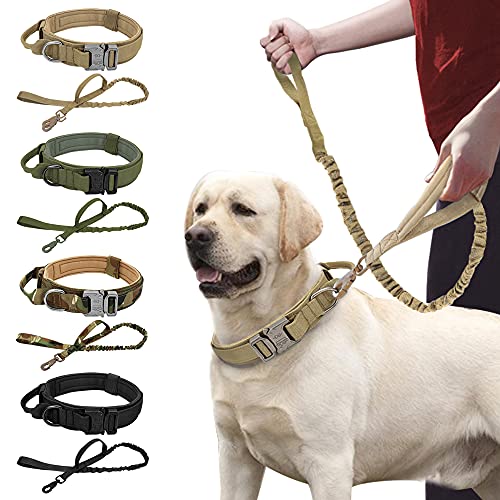 HFDDF Collar De Perro, Perro Fuerte Cuello Táctico Militar Mascota Bungee Leash Durable Nylon Pet Collars Collars con Mango Big Dogs French Bulldog,Black Set,42~54CM