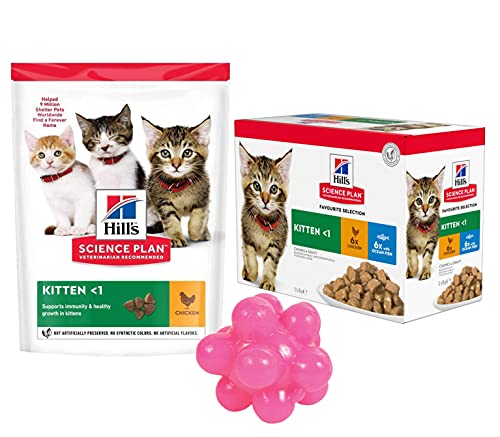 Hills Science Plan Kitten <1 alimento seco de pollo de 300 g y 12 bolsas de 85 g de selección favorita para gatitos con bola de juguete de regalo