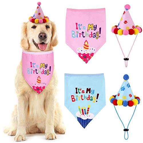 Hinzonek 2 Piezas Suministros para Fiestas de Perros Mascotas Es Mi Cumpleaños Bufanda de Bandana Impresa + Sombrero de Cono Conjunto de Pañuelo para El Cuello con Bandana para Perros