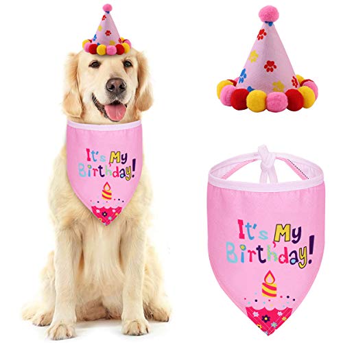 Hinzonek 2 Piezas Suministros para Fiestas de Perros Mascotas Es Mi Cumpleaños Bufanda de Bandana Impresa + Sombrero de Cono Conjunto de Pañuelo para El Cuello con Bandana para Perros