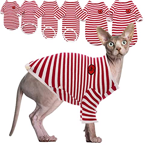 Hjyokuso Ropa de Gato sin Pelo de algodón, Transpirable, de Verano, a Rayas, Chaleco para Mascotas, Suave, elástica, Agradable a la Piel, para Gatos, Pijamas, Mono para Sphynx Cornish Rex Devon Rex