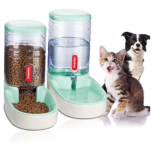 HKUKUUU 3.5L x 2 Piezas Dispensador Comida y Agua de Perros, Comedero Automático, Dispensadores de Pienso para Mascotas,Green