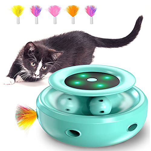 HOFIT Juguete para Gatos Interactivo, Pistas de Emboscada y Bolas 2 en 1 Juguete Robótico para Gatos con 4 Plumas Intercambiables, Juguetes eléctricos de Bolas para Gatos para Gatos (verdor)