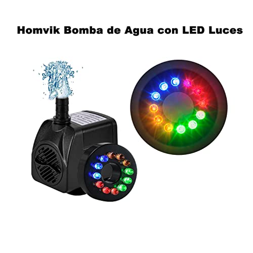 Homvik Bomba de Agua con LED Luces 600L/H 8W Bomba Sumergible para Acuario Estanque Pecera Fuente Circulación de Agua Dulce y Marino con 2 Boquillas 1.2m de Altura