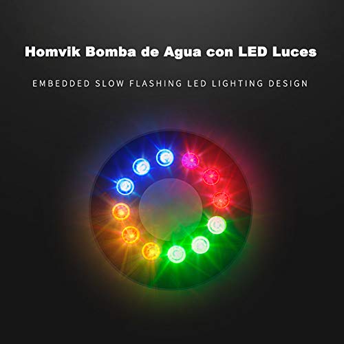 Homvik Bomba de Agua con LED Luces 600L/H 8W Bomba Sumergible para Acuario Estanque Pecera Fuente Circulación de Agua Dulce y Marino con 2 Boquillas 1.2m de Altura