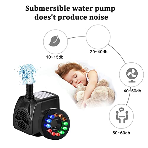 Homvik Bomba de Agua con LED Luces 600L/H 8W Bomba Sumergible para Acuario Estanque Pecera Fuente Circulación de Agua Dulce y Marino con 2 Boquillas 1.2m de Altura