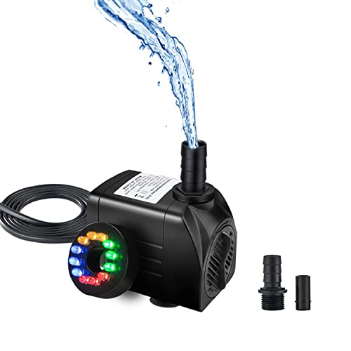 Homvik Bomba de Agua con LED Luces 600L/H 8W Bomba Sumergible para Acuario Estanque Pecera Fuente Circulación de Agua Dulce y Marino con 2 Boquillas 1.2m de Altura