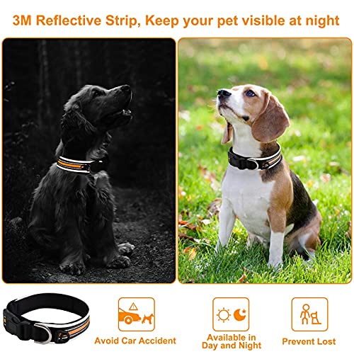 HONZUEN Ajustable Reflectante Collar para Perro con Etiqueta, Respirable Nylon Collar Perro, Personalizad Pet Collar para Cachorros Perros PequeñOs Medianos y Grandes(Naranja, L36-40cm)