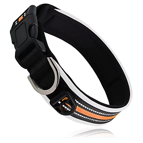 HONZUEN Ajustable Reflectante Collar para Perro con Etiqueta, Respirable Nylon Collar Perro, Personalizad Pet Collar para Cachorros Perros PequeñOs Medianos y Grandes(Naranja, L36-40cm)