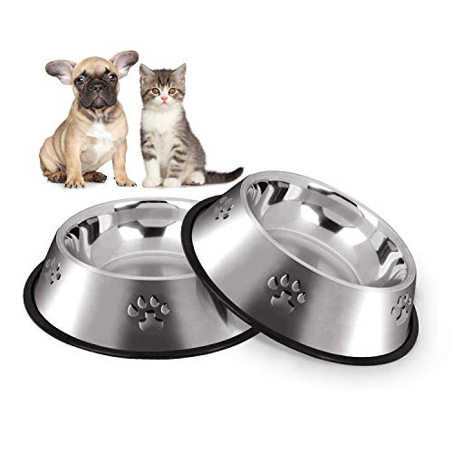 Hotype Comedero para Perro de Acero Inoxidable, Cuenco De Comida para Gatos, Comedero y Bebedero Perro Antideslizante, para Mascotas Pequeñas, 2 Unidades, 18cm