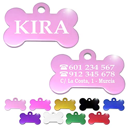 Hueso para Mascotas pequeñas-Medianas Placa Chapa Medalla de identificación Personalizada para Collar Perro Gato Mascota grabada (Rosa)