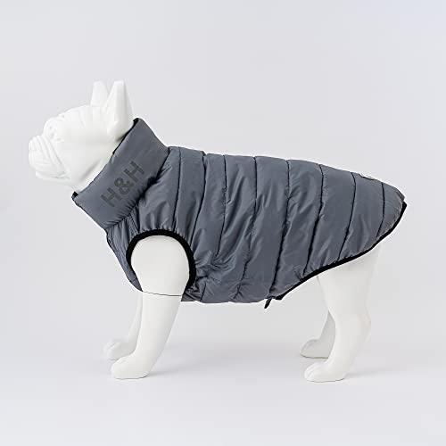 HUGO & HUDSON Chaqueta para Perro Puffer – Ropa y Accesorios para Perros Reversible cálido Impermeable Abrigo de Perro con Agujero de fijación para Collar – Negro y Gris – M40