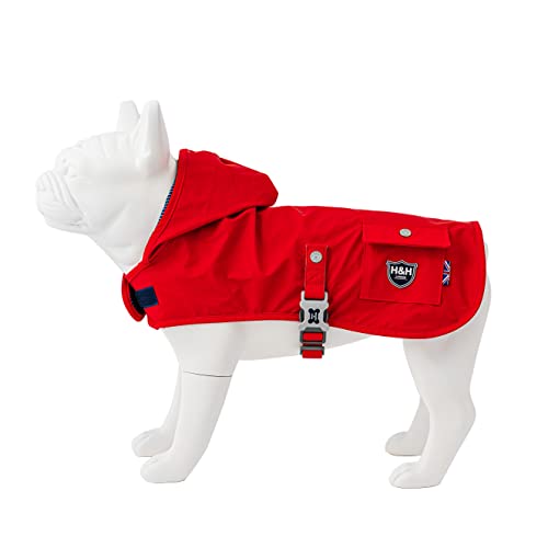 HUGO & HUDSON Chubasquero para Perros con Capucha – Chaqueta Impermeable Ajustable con Agujero para arnés – Doble Capa con Forro Azul y Blanco – Rojo – XL