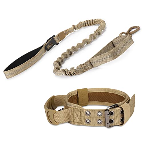 Huntvp táctico Correa para Perro y Collar, Reflectante Collar Ajustable, Militar Correa Nylon con 2 Asas, para Perros Medianos Grandes Caza Al Aire Libre Entrenamiento, Marrón M