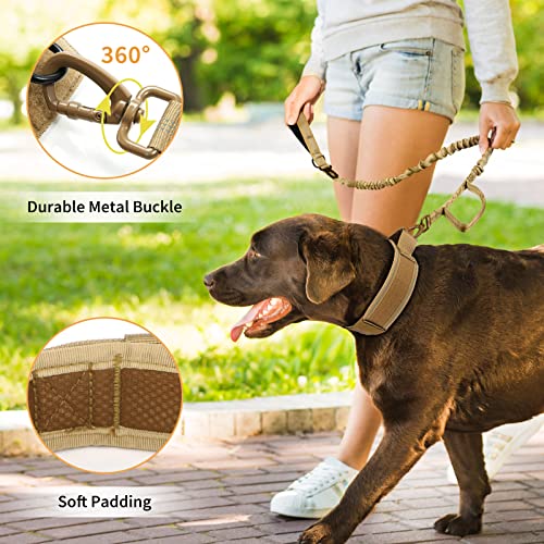 Huntvp táctico Correa para Perro y Collar, Reflectante Collar Ajustable, Militar Correa Nylon con 2 Asas, para Perros Medianos Grandes Caza Al Aire Libre Entrenamiento, Marrón M