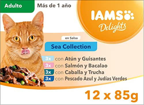 IAMS Delights Sea Collection Alimento húmedo en salsa - para gatos adultos con diversos sabores a pescado 12 x85g