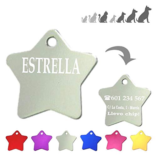 Iberiagifts - Placa de identificación en Forma de Estrella para Mascotas Medianas-Grandes Chapa Medalla de identificación Personalizada para Collar Perro Gato Mascota grabada (Plateado)