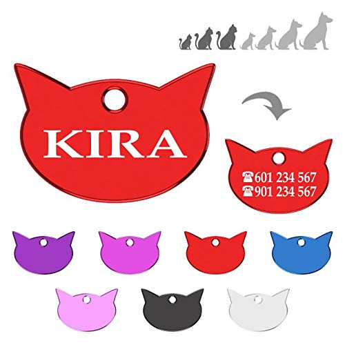 Iberiagifts - Placa en Forma de Cara de Gato para Gatos de Todas Las Edades Chapa Medalla de identificación Personalizada para Collar Perro Mascota grabada (Rojo)