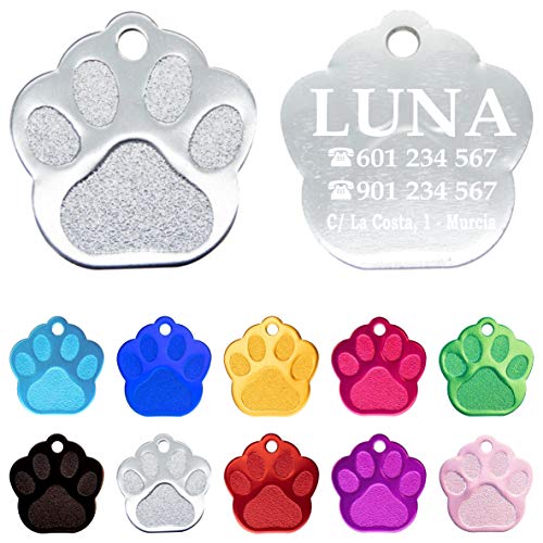 Iberiagifts - Placa en Forma de Huella para Mascotas Medianas-Grandes Chapa Medalla de identificación Personalizada para Collar Perro Gato Mascota grabada (Plateado)