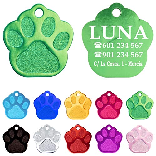 Iberiagifts - Placa en Forma de Huella para Mascotas Medianas-Grandes Chapa Medalla de identificación Personalizada para Collar Perro Gato Mascota grabada (Verde)