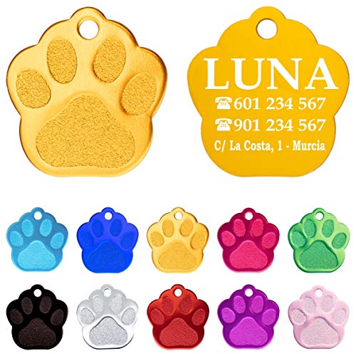 Iberiagifts - Placa en Forma de Huella para Mascotas pequeñas-Medianas Chapa Medalla de identificación Personalizada para Collar Perro Gato Mascota grabada (Dorado)