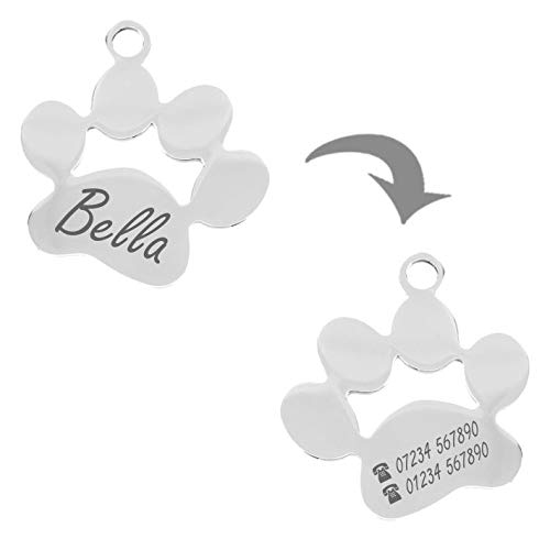 Iberiagifts - Placa identificación de acero inoxidable en forma de pata. Para mascotas pequeñas a medianas. Acero inoxidable. Chapa medalla de identificación personalizada Collar Perro Gato grabada