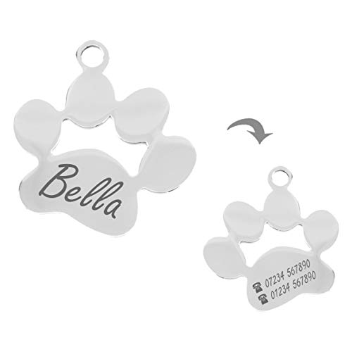 Iberiagifts - Placa identificación de acero inoxidable en forma de pata. Para mascotas pequeñas a medianas. Acero inoxidable. Chapa medalla de identificación personalizada Collar Perro Gato grabada