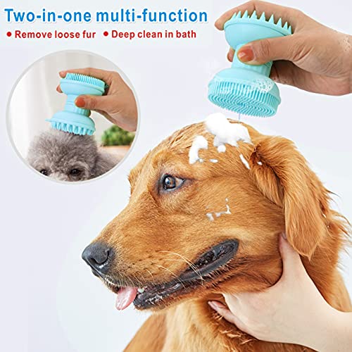 Idepet 4 en 1 Cepillo de Baño para Perros, Doble Cabeza Gato Perro Cepillo de Masaje con Dispensadores de Champú Cepillo de Silicona suave para Cachorros Peluche Aseo Masaje Baño Deshedding (Azul)