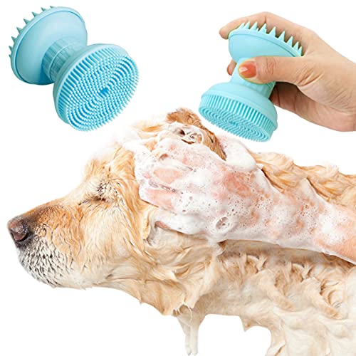 Idepet 4 en 1 Cepillo de Baño para Perros, Doble Cabeza Gato Perro Cepillo de Masaje con Dispensadores de Champú Cepillo de Silicona suave para Cachorros Peluche Aseo Masaje Baño Deshedding (Azul)