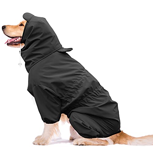 Idepet Chubasquero para Perros, Impermeable para Perros Poncho de Lluvia para Perros Ajustable con Orificio para Arnés (L, Negro)