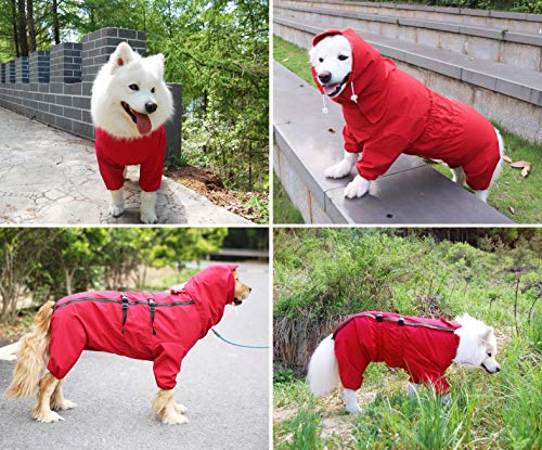 Idepet Chubasquero para Perros, Impermeable para Perros Poncho de Lluvia para Perros Ajustable con Orificio para Arnés (M, Rojo)